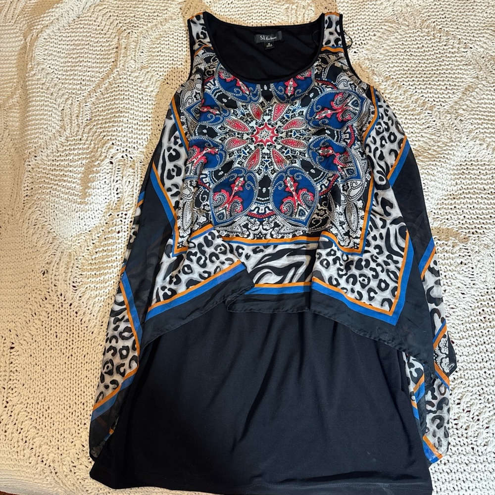 S.L. Fashions Black and Blue Asymmetrical Graphic Midi Dress